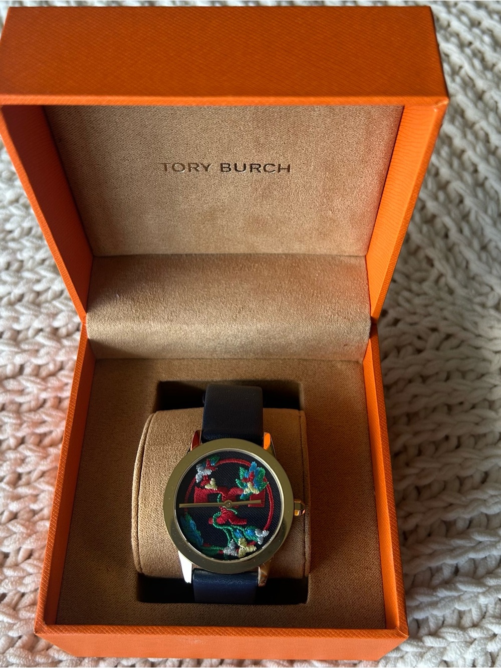 Tory Burch Navy Leather Strap Watch with Colorful Embroidered Dial